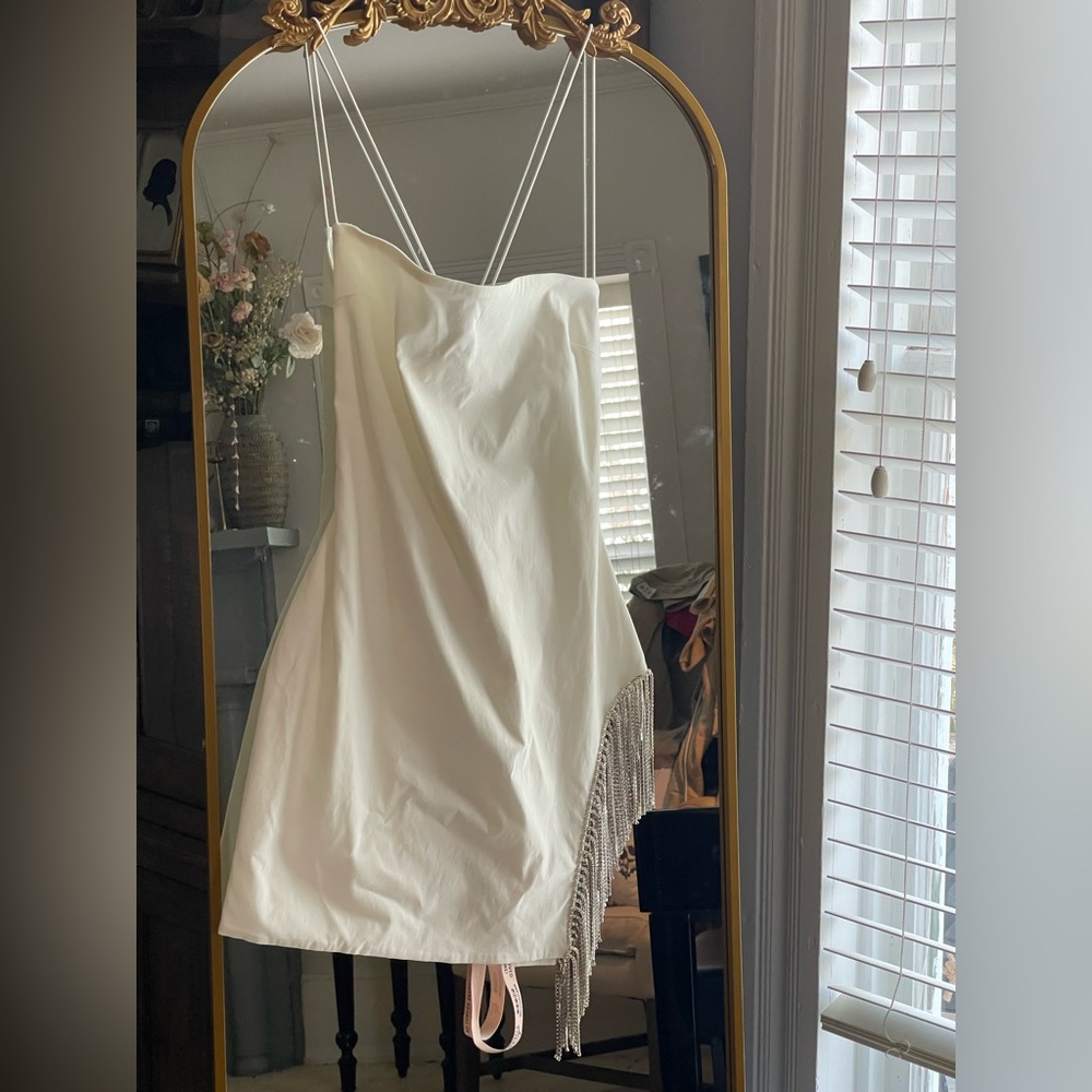 Oh Polly White Mini Dress with Chain Fringe